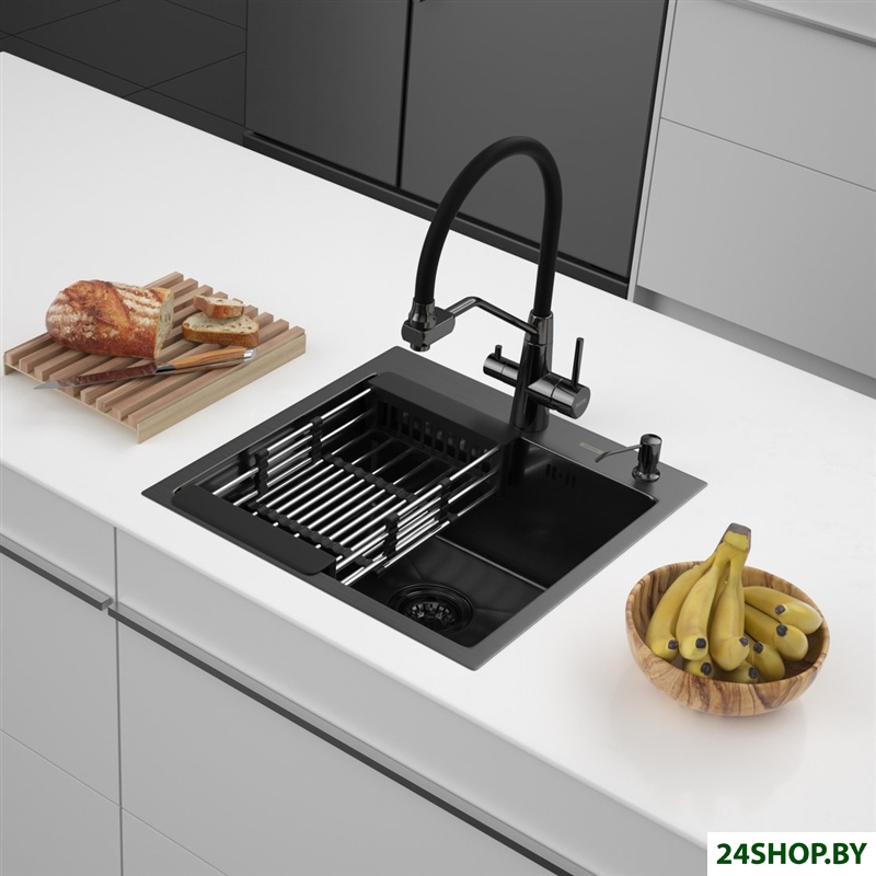 Кухонная мойка ARFEKA ECO AR мойка 500*500, коландер, дозатор BLACK DECOR VOLCANIC ROCK Кухонная мойка ARFEKA ECO AR мойка 500*500, коландер, дозатор BLACK DECOR VOLCANIC ROCK
