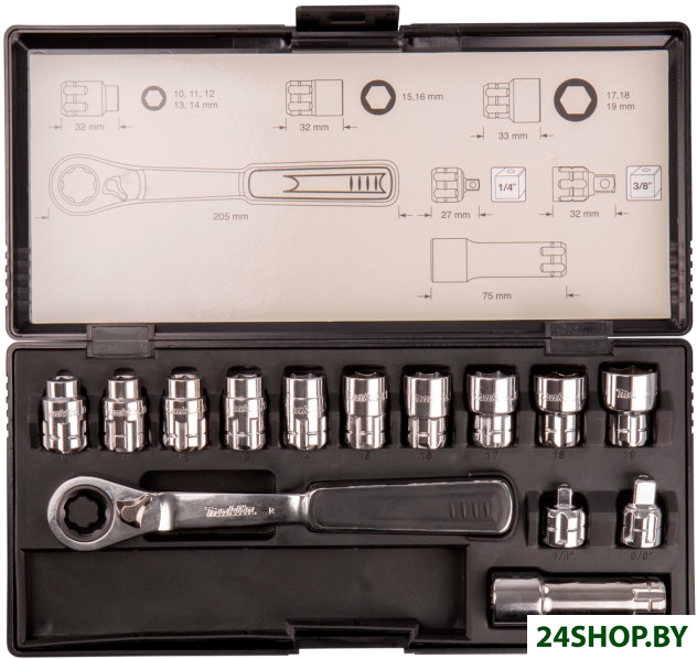 Набор трещотка с головками Makita B-65595 (14 предмеов) Набор трещотка с головками Makita B-65595 (14 предмеов)