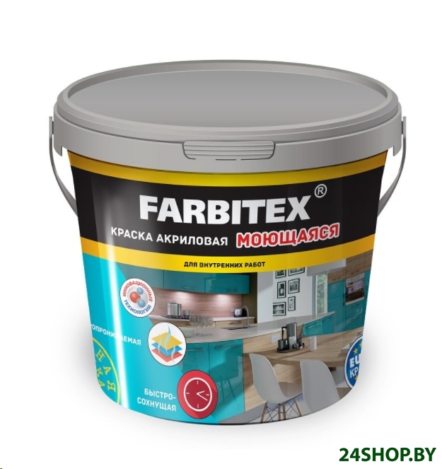 Краска Farbitex Акриловая моющаяся 3 кг (белый) Краска Farbitex Акриловая моющаяся 3 кг (белый)