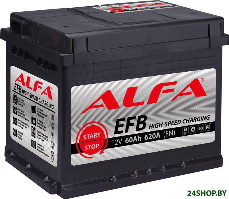 Автомобильный аккумулятор ALFA EFB 60 R (60 А·ч) Автомобильный аккумулятор ALFA EFB 60 R (60 А·ч)