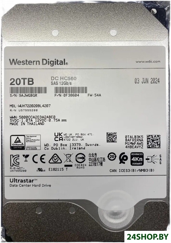 Жесткий диск WD Ultrastar DC HC560 20TB WUH722020BL4207 Жесткий диск WD Ultrastar DC HC560 20TB WUH722020BL4207