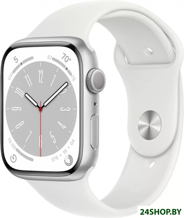 Умные часы Apple Watch Series 8 45 мм (алюминиевый корпус, серебристый/белый, спортивный силиконовый Умные часы Apple Watch Series 8 45 мм (алюминиевый корпус, серебристый/белый, спортивный силиконовый