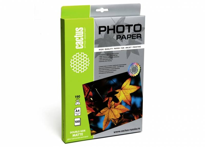 Фотобумага Cactus двухсторонняя матовая А4 190 г/кв.м. 100 листов (CS-MA4190100DS) Фотобумага Cactus двухсторонняя матовая А4 190 г/кв.м. 100 листов (CS-MA4190100DS)