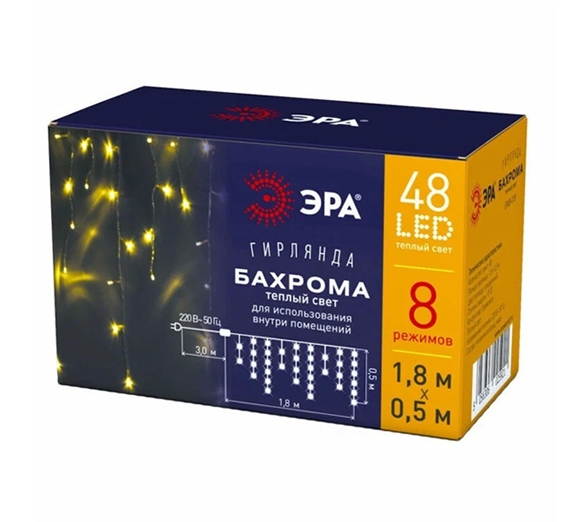 Световой дождь ЭРА ENIB-01B LED Бахрома 1.8x0.5 м теплый белый Световой дождь ЭРА ENIB-01B LED Бахрома 1.8x0.5 м теплый белый