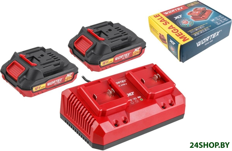 Аккумулятор с зарядным устройством Wortex 2329018 (18В/2 x 2 Ah + 18В) Аккумулятор с зарядным устройством Wortex 2329018 (18В/2 x 2 Ah + 18В)