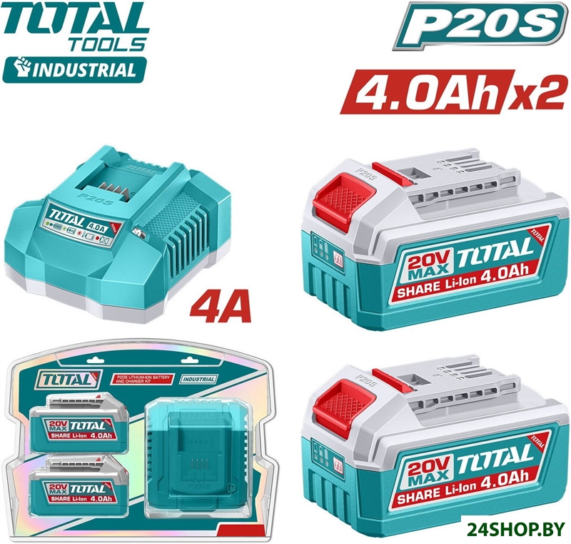 Аккумулятор с зарядным устройством Total TFBCPK2013 (20В/2x4 Ah + 20В) Аккумулятор с зарядным устройством Total TFBCPK2013 (20В/2x4 Ah + 20В)