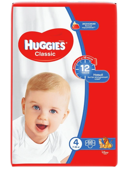 HUGGIES Classic Детские одноразовые подгузники, размер 4 (7-18 кг), 68 шт HUGGIES Classic Детские одноразовые подгузники, размер 4 (7-18 кг), 68 шт