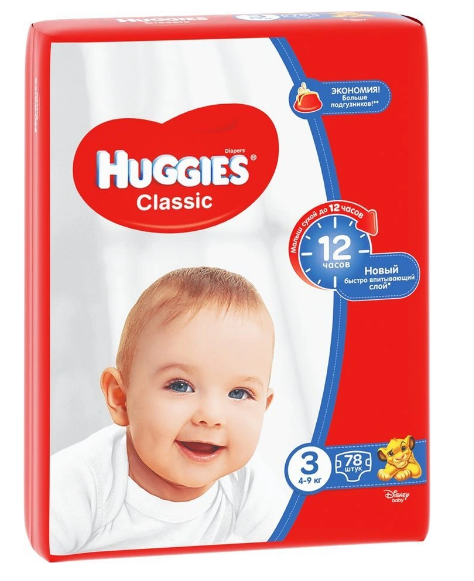 HUGGIES Classic Детские одноразовые подгузники, размер 3 (4-9 кг), 78 шт HUGGIES Classic Детские одноразовые подгузники, размер 3 (4-9 кг), 78 шт