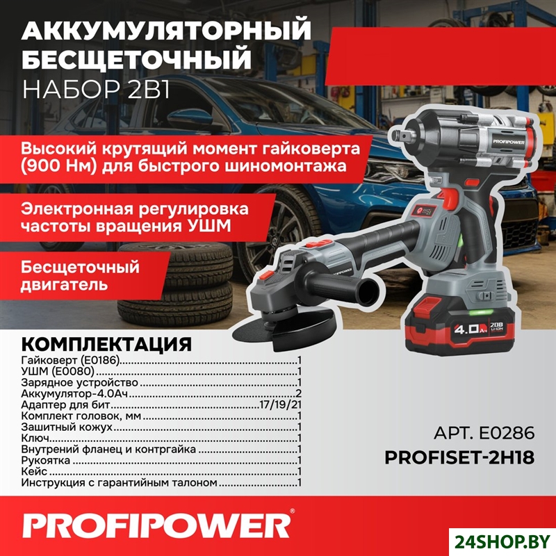 Набор электроинструмента Profipower ProfiSet-2H20 E0286 (гайковерт, болгарка, 2 АКБ, кейс) Набор электроинструмента Profipower ProfiSet-2H20 E0286 (гайковерт, болгарка, 2 АКБ, кейс)