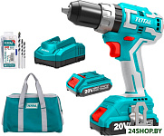 Картинка Ударная дрель-шуруповерт Total TIDLI20608 (с 2-мя АКБ, сумка, набор оснастки)